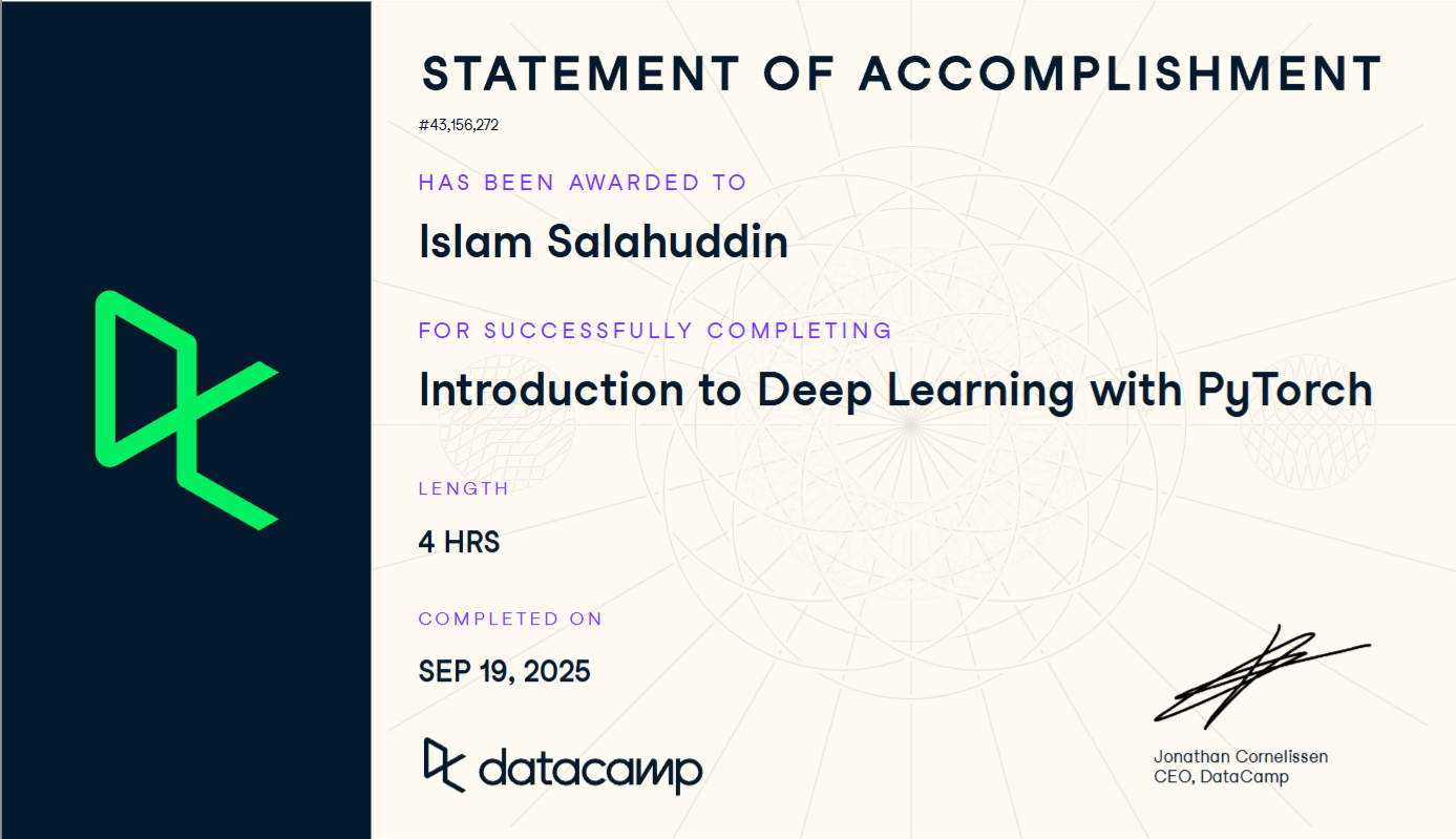DataCamp Course: Introduction to Deep Learning with PyTorch Certificate